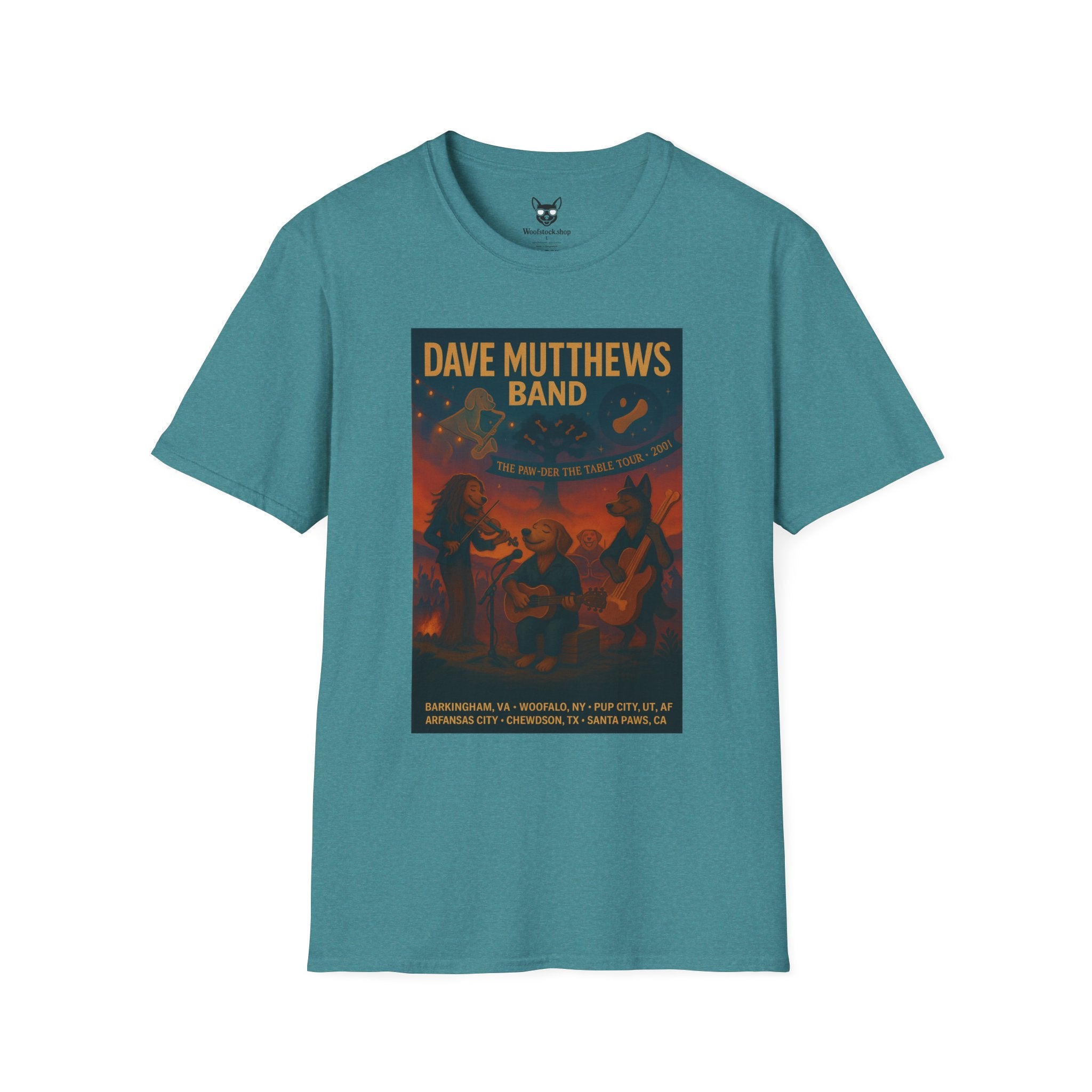 Dave Matthews Band Concert Poster Dog Parody Unisex Softstyle T-Shirt -- Funny Dog Concert Tee for Music and Dog Lovers